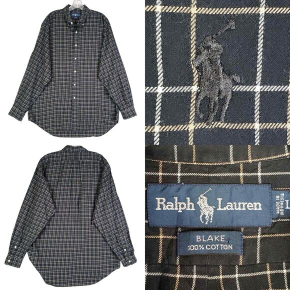 Polo Ralph Lauren Shirt Oxford Mens Size Large Black Plaid Button Down LS - Picture 1 of 9